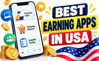 Best earning apps in USA banner with freelance tasks, shopping rewards and usability testing on a smartphone