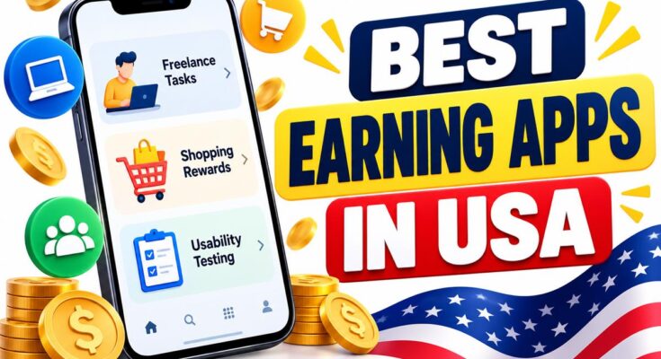 Best earning apps in USA banner with freelance tasks, shopping rewards and usability testing on a smartphone