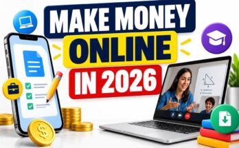 Make money online in 2026 banner with a laptop, freelance documents, tutoring and digital products