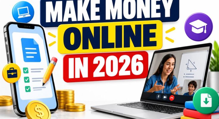 Make money online in 2026 banner with a laptop, freelance documents, tutoring and digital products