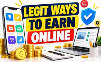 Legit ways to earn online banner with work tools and a verification shield