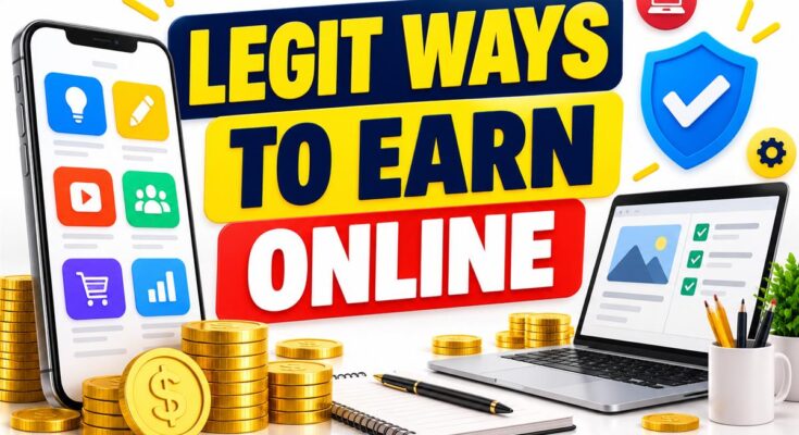 Legit ways to earn online banner with work tools and a verification shield
