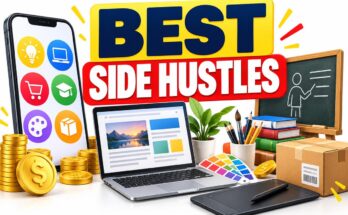 Best side hustles banner with design tools, tutoring materials and shipping parcels