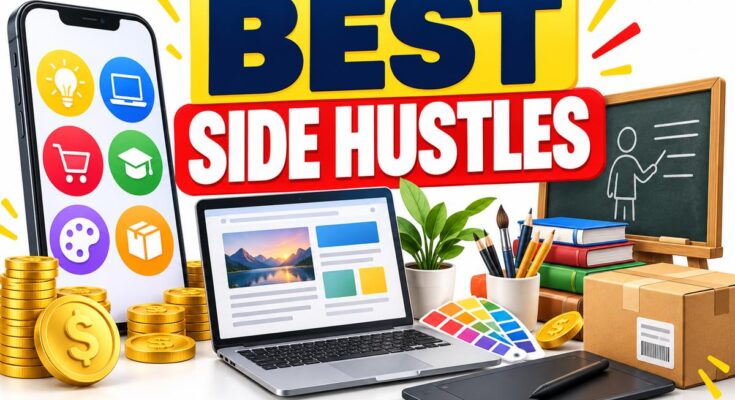 Best side hustles banner with design tools, tutoring materials and shipping parcels