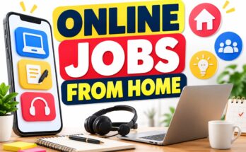 Online jobs from home banner with a laptop, headset and work planning icons