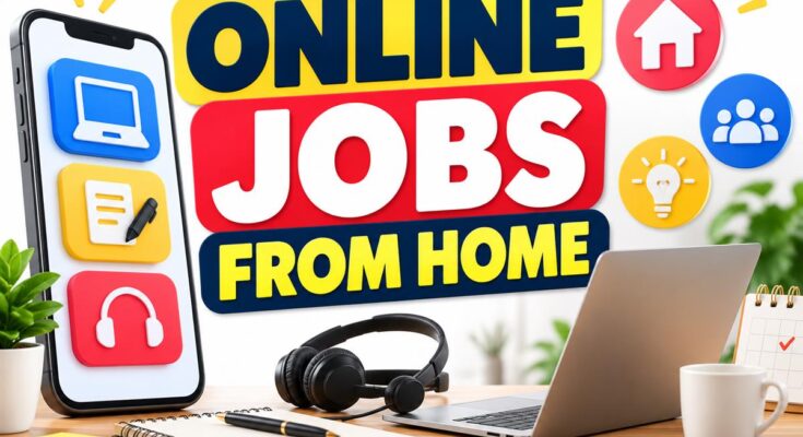 Online jobs from home banner with a laptop, headset and work planning icons