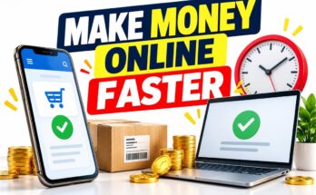 Make money online faster banner with completed work, a parcel and a clock