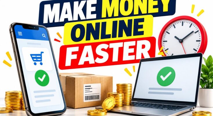 Make money online faster banner with completed work, a parcel and a clock