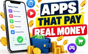 Apps that pay real money banner with an illustrative smartphone task list and wallet