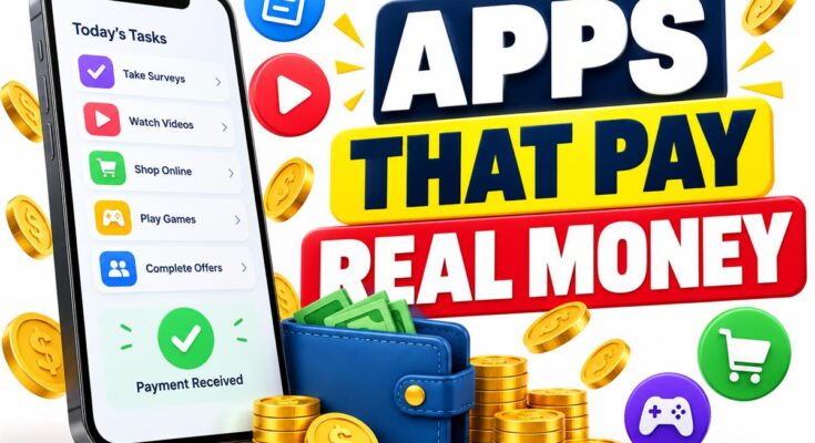 Apps that pay real money banner with an illustrative smartphone task list and wallet