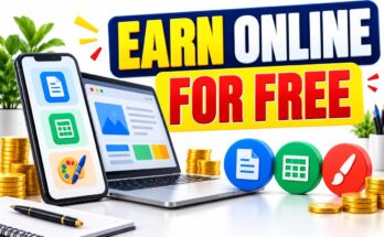 Earn online for free banner with document, spreadsheet and creative tools