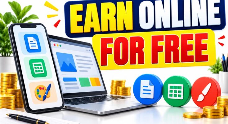 Earn online for free banner with document, spreadsheet and creative tools