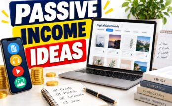 Passive income ideas banner with digital downloads, an ebook and original photos