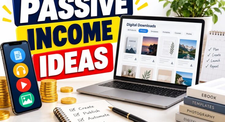 Passive income ideas banner with digital downloads, an ebook and original photos